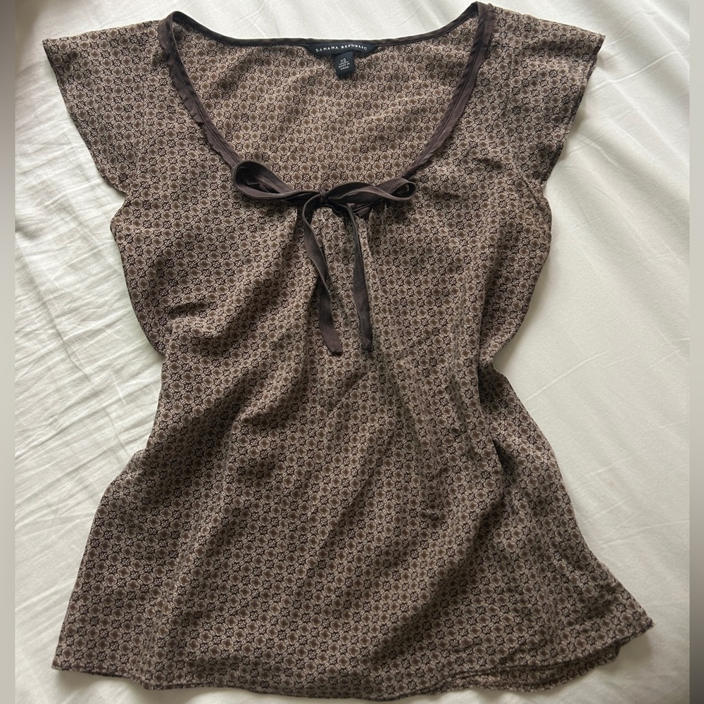 Banana Republic Brown Geometric Tie-Neck Blouse